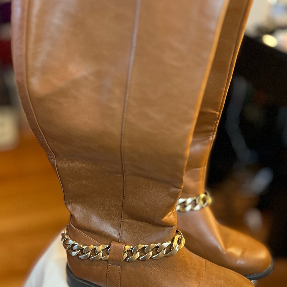 Brown Leather Knee-High Boots with Gold Chain
